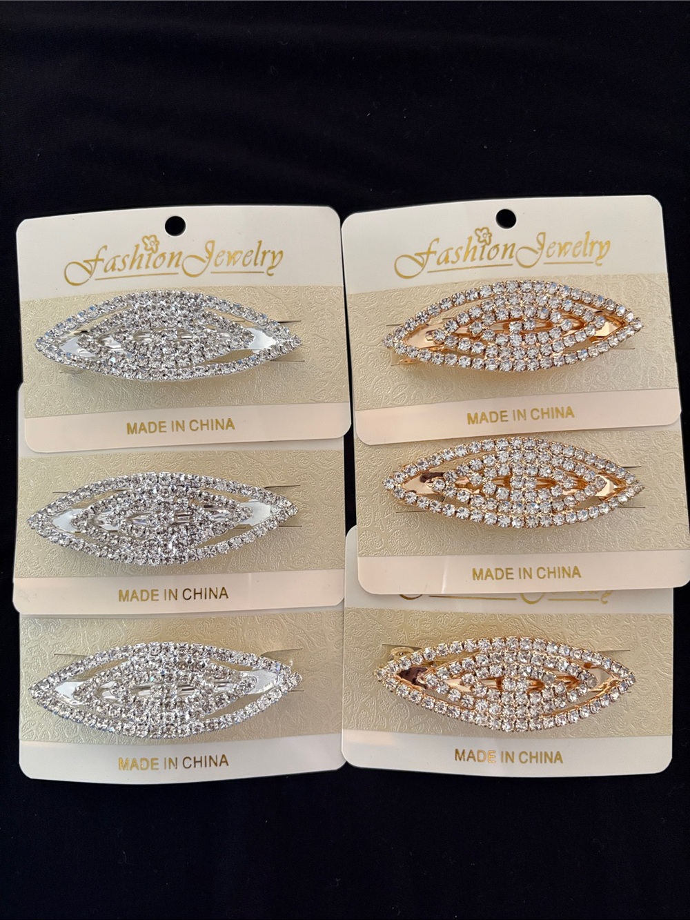 Rhinestone Marquise Hair Clips - Silver & Gold (Set of 6)